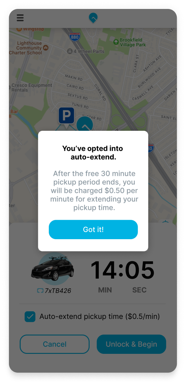 Screen with confirmation of opt-in to auto-extend reservation